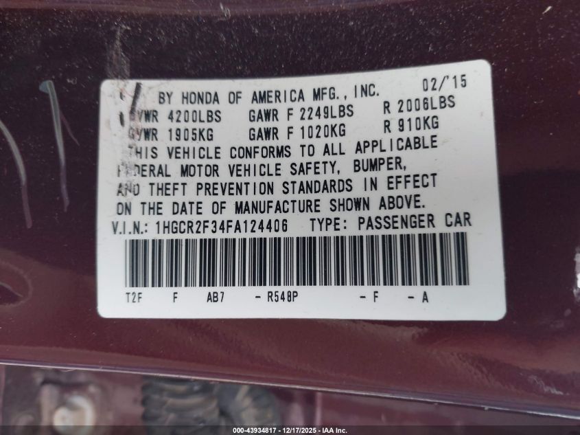 2015 Honda Accord Lx VIN: 1HGCR2F34FA124406 Lot: 43934817