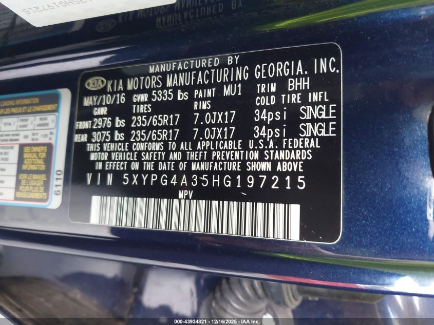 2017 Kia Sorento 2.4L Lx VIN: 5XYPG4A35HG197215 Lot: 43934821
