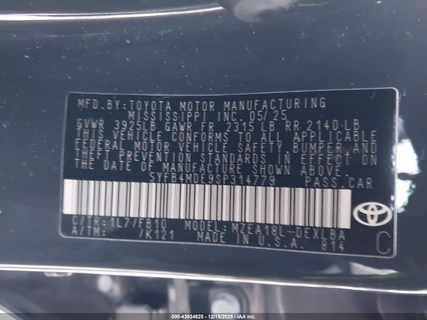 2025 Toyota Corolla Le VIN: 5YFB4MDE9SP314779 Lot: 43934825