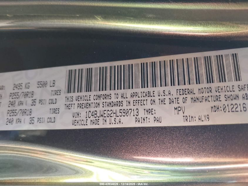 2017 Jeep Wrangler Unlimited Sahara 4X4 VIN: 1C4BJWEG2HL590713 Lot: 43934826