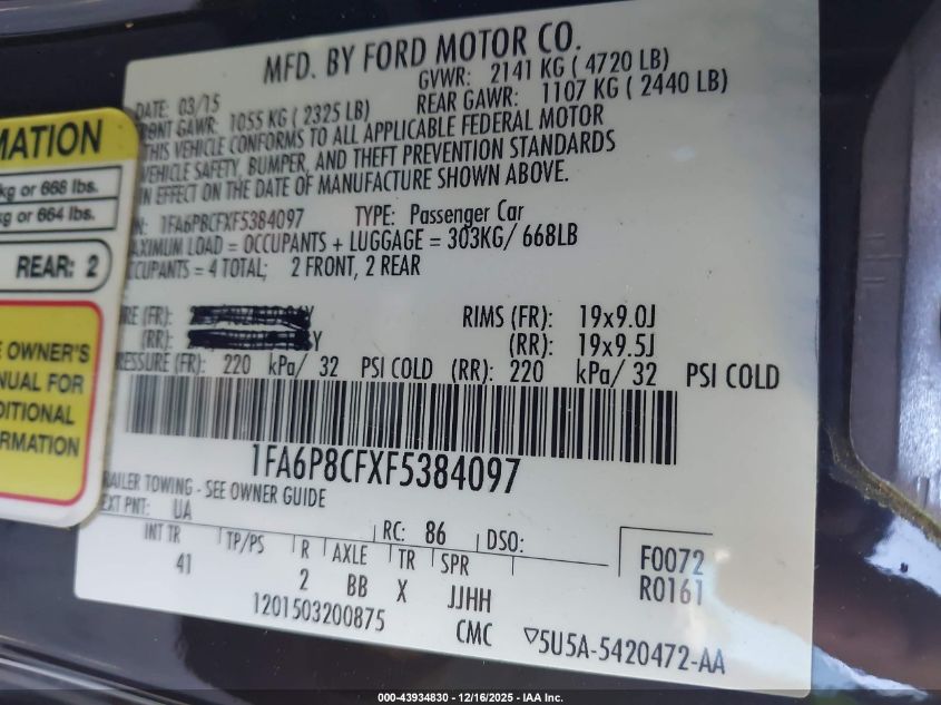 2015 Ford Mustang Gt Premium VIN: 1FA6P8CFXF5384097 Lot: 43934830