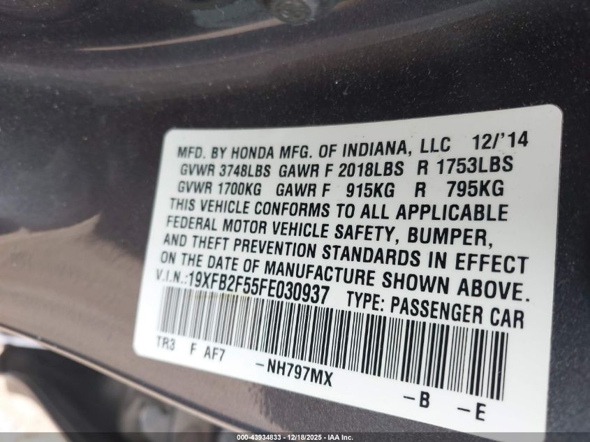 2015 Honda Civic Lx VIN: 19XFB2F55FE030937 Lot: 43934833