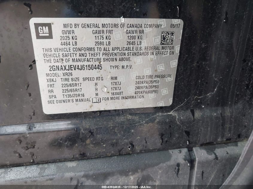 2018 Chevrolet Equinox Lt VIN: 2GNAXJEV4J6150445 Lot: 43934835