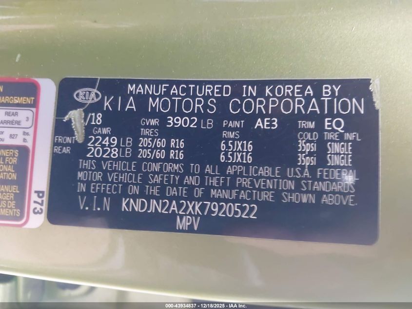 2019 Kia Soul VIN: KNDJN2A2XK7920522 Lot: 43934837