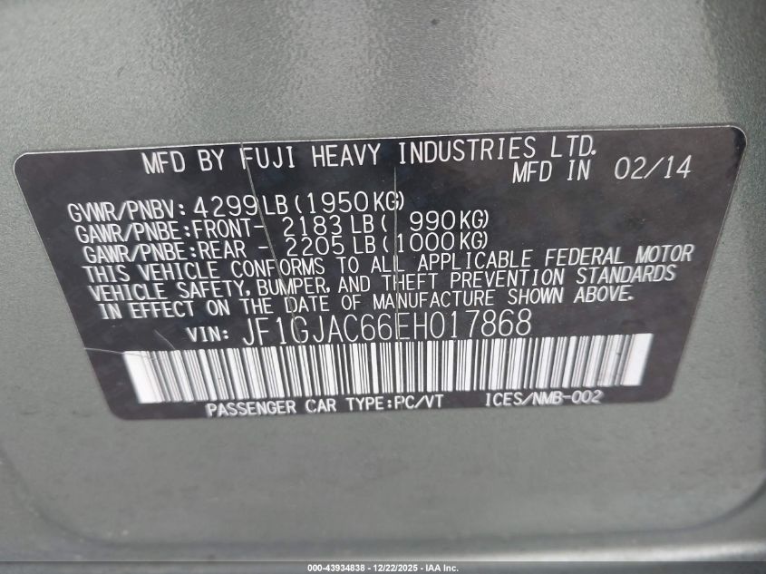2014 Subaru Impresa Touring VIN: JF1GJAC66EH017868 Lot: 43934838