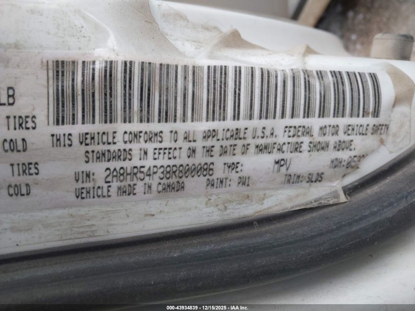 2008 Chrysler Town & Country Touring VIN: 2A8HR54P38R800086 Lot: 43934839