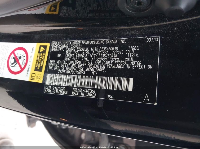 2013 Lexus Rx 350 VIN: 2T2ZK1BA7DC116073 Lot: 43934842