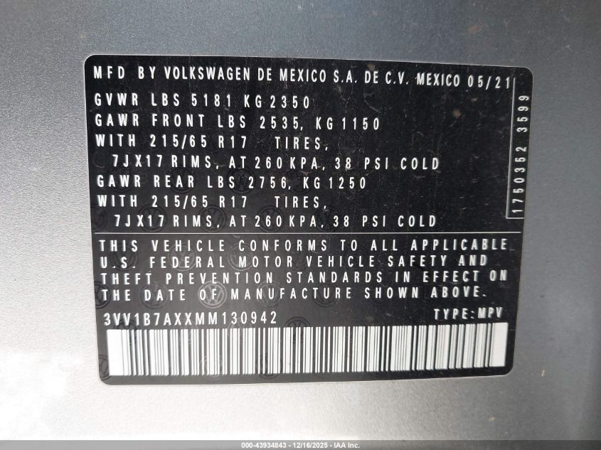 2021 Volkswagen Tiguan 2.0T S VIN: 3VV1B7AXXMM130942 Lot: 43934843