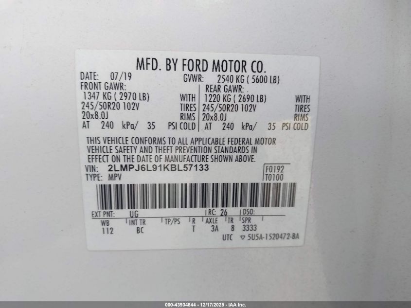 2019 Lincoln Nautilus Reserve VIN: 2LMPJ6L91KBL57133 Lot: 43934844