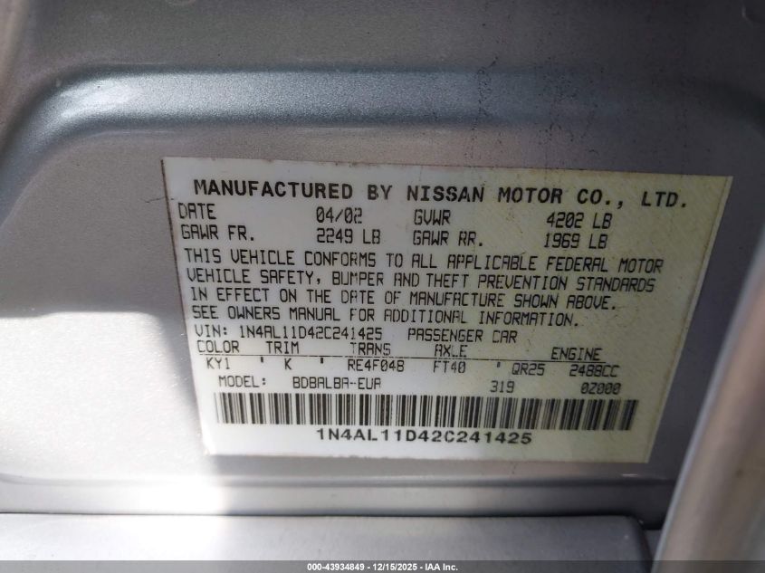 2002 Nissan Altima 2.5 S VIN: 1N4AL11D42C241425 Lot: 43934849