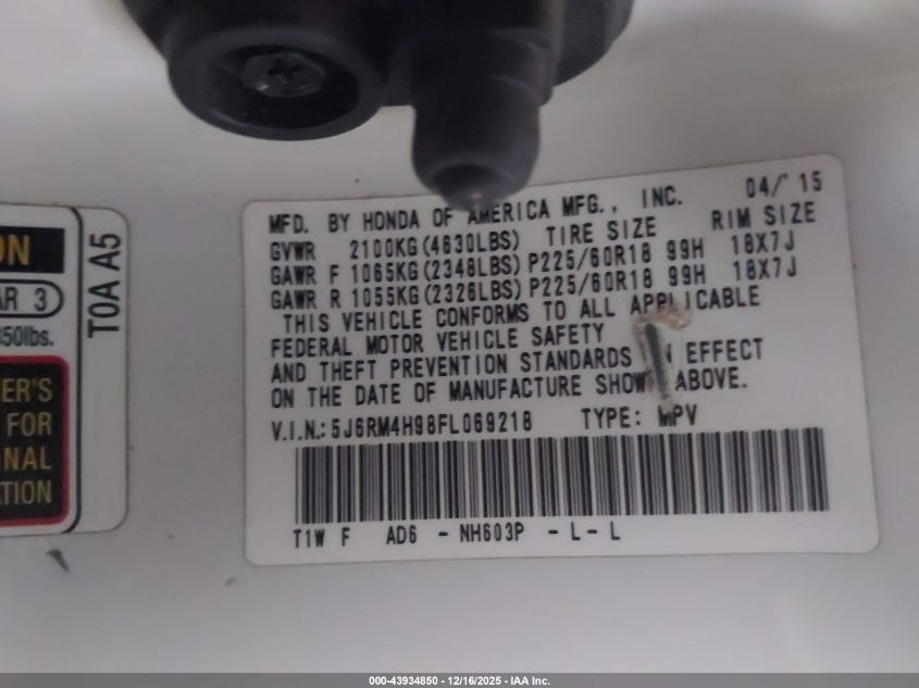 2015 Honda Cr-V Touring VIN: 5J6RM4H98FL069218 Lot: 43934850