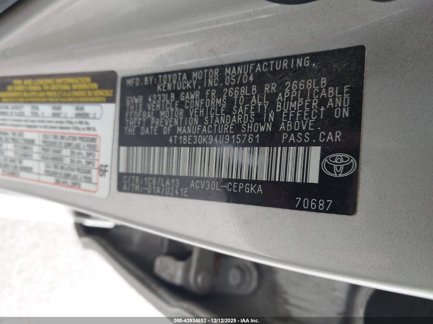 2004 Toyota Camry Le/Xle/Se VIN: 4T1BE30K94U915761 Lot: 43934852