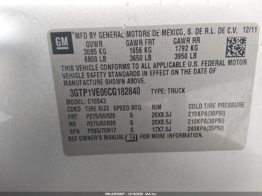 2012 GMC Sierra 1500 Sle VIN: 3GTP1VE06CG182840 Lot: 43934857