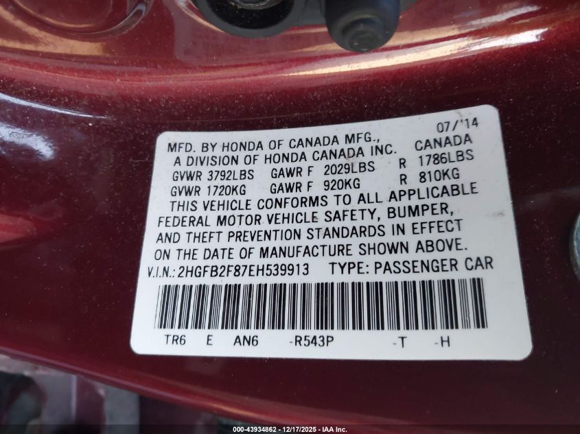 2014 Honda Civic Ex VIN: 2HGFB2F87EH539913 Lot: 43934862