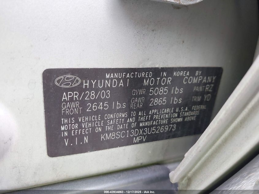 2003 Hyundai Santa Fe Gls/Lx VIN: KM8SC13DX3U526973 Lot: 43934863