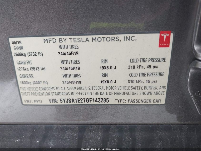 2016 Tesla Model S 60D/70D/75D/85D/90D VIN: 5YJSA1E27GF143285 Lot: 43934868