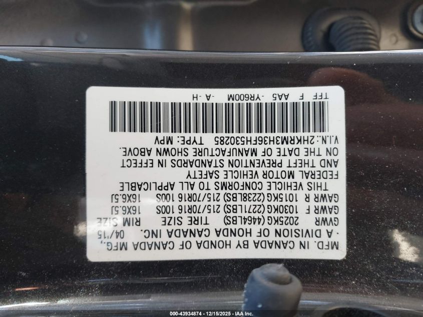 2015 Honda Cr-V Lx VIN: 2HKRM3H36FH530285 Lot: 43934874