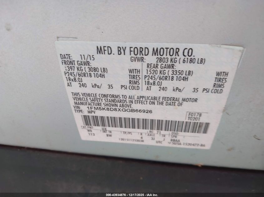 2016 Ford Explorer Xlt VIN: 1FM5K8D8XGGB66926 Lot: 43934876