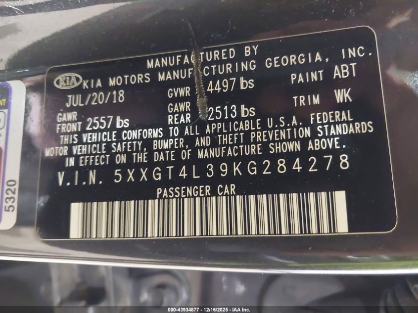 2019 Kia Optima S VIN: 5XXGT4L39KG284278 Lot: 43934877