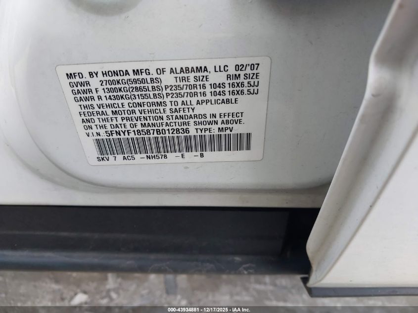 2007 Honda Pilot Ex-L VIN: 5FNYF18587B012836 Lot: 43934881