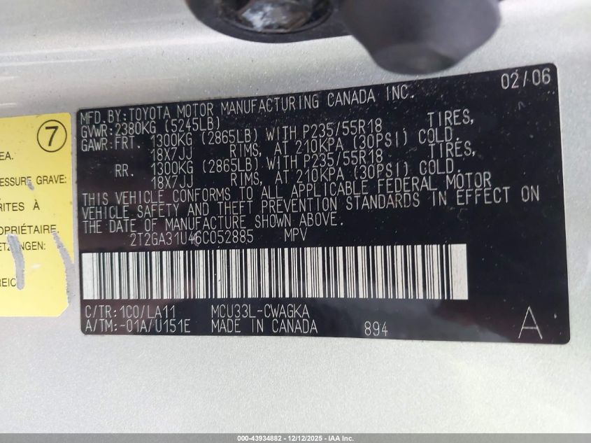 2006 Lexus Rx 330 VIN: 2T2GA31U46C052885 Lot: 43934882