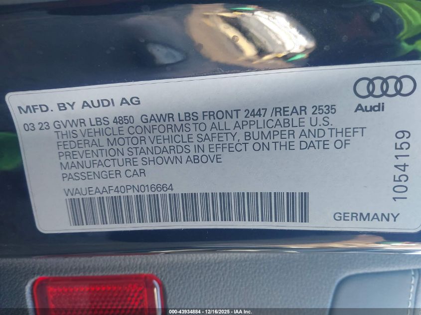 2023 Audi A4 Premium Plus 45 Tfsi S Line Quattro S Tronic VIN: WAUEAAF40PN016664 Lot: 43934884