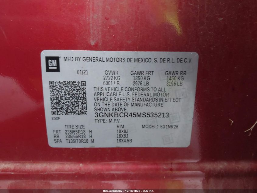 2021 Chevrolet Blazer Fwd 2Lt VIN: 3GNKBCR45MS535213 Lot: 43934887