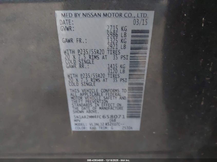 2015 Nissan Pathfinder Platinum VIN: 5N1AR2MM4FC658071 Lot: 43934889