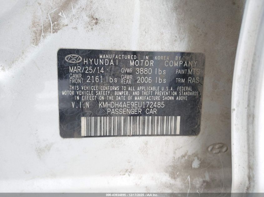 2014 Hyundai Elantra Limited VIN: KMHDH4AE9EU172485 Lot: 43934895