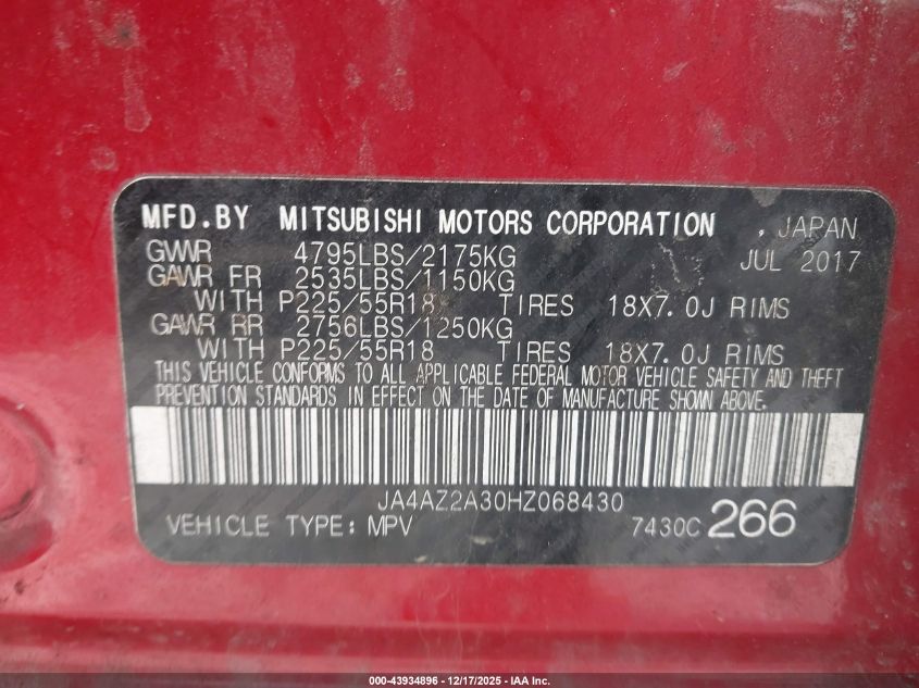 2017 Mitsubishi Outlander Es VIN: JA4AZ2A30HZ068430 Lot: 43934896
