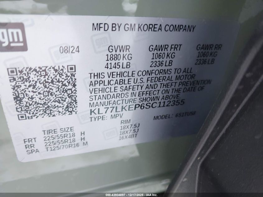 2025 Chevrolet Trax Fwd Activ VIN: KL77LKEP6SC112355 Lot: 43934897