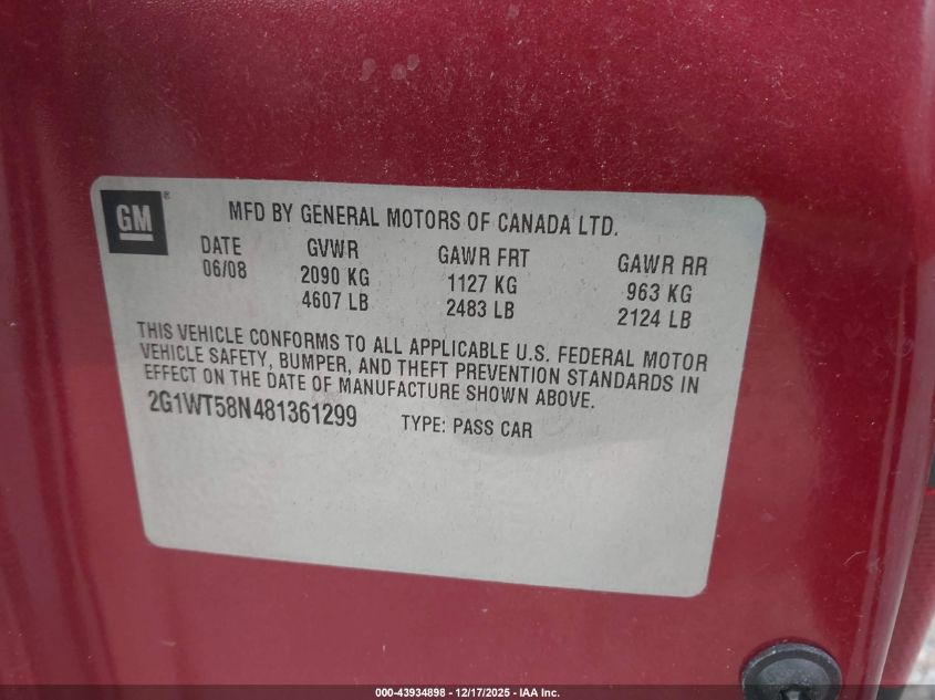 2008 Chevrolet Impala Lt VIN: 2G1WT58N481361299 Lot: 43934898