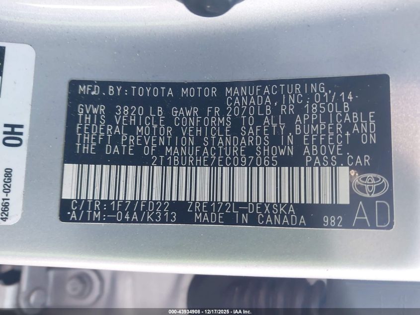 2014 Toyota Corolla S Plus VIN: 2T1BURHE7EC097065 Lot: 43934908