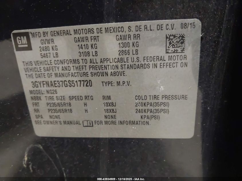 2016 Cadillac Srx Standard VIN: 3GYFNAE37GS517720 Lot: 43934909