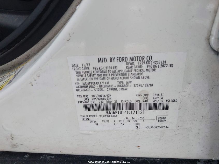 2018 Ford Ecosport Se VIN: MAJ6P1UL4JC171131 Lot: 43934910