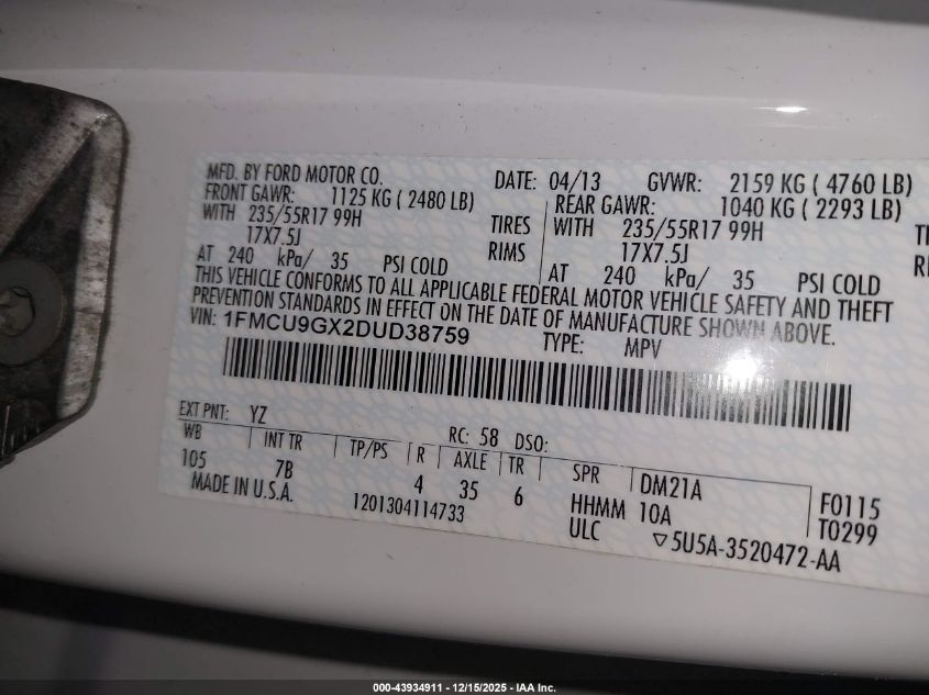 2013 Ford Escape Se VIN: 1FMCU9GX2DUD38759 Lot: 43934911