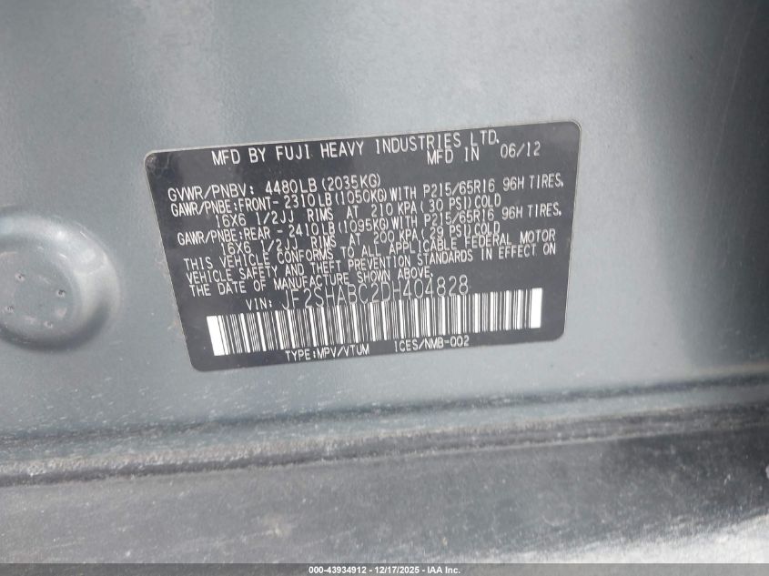 2013 Subaru Forester 2.5X VIN: JF2SHABC2DH404828 Lot: 43934912