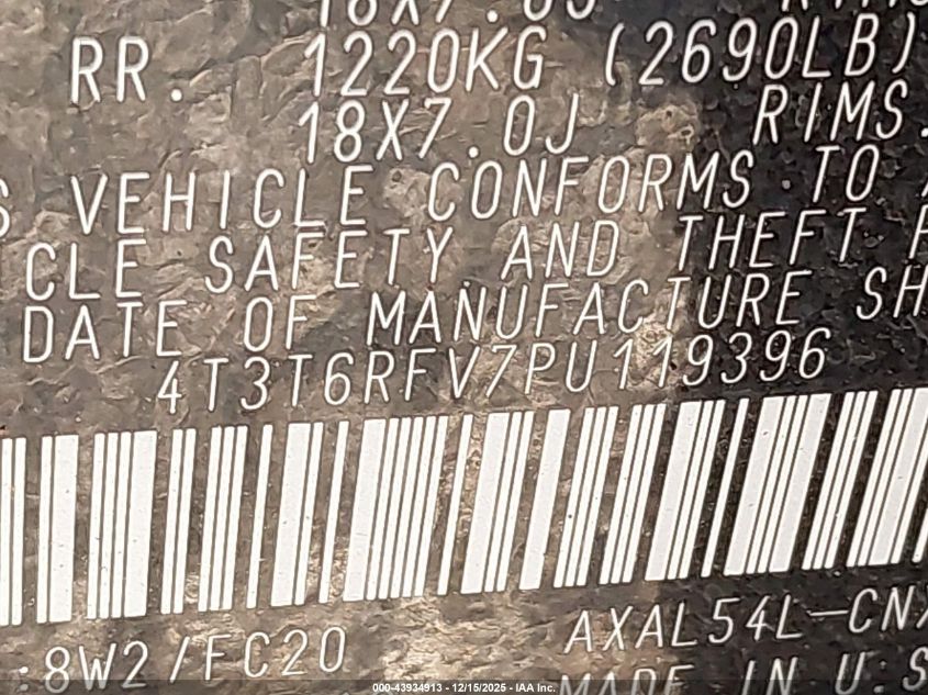 2023 Toyota Rav4 Hybrid Se VIN: 4T3T6RFV7PU119396 Lot: 43934913