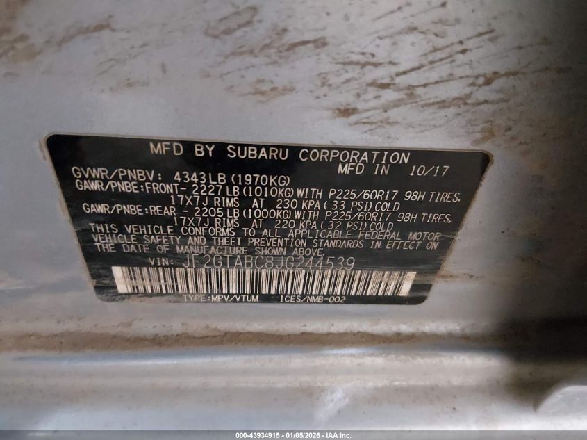 2018 Subaru Crosstrek 2.0I Premium VIN: JF2GTABC8JG244539 Lot: 43934915
