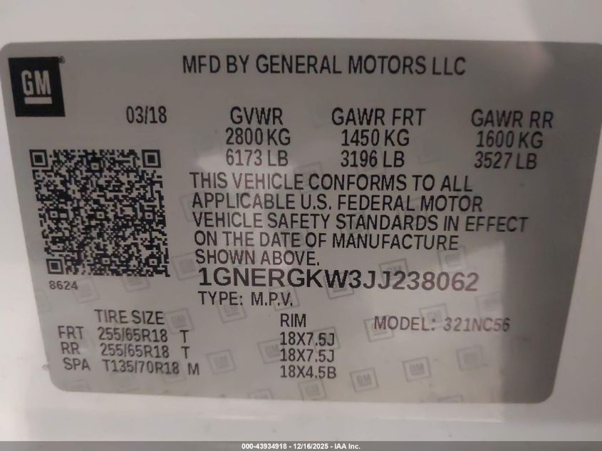 2018 Chevrolet Traverse 1Lt VIN: 1GNERGKW3JJ238062 Lot: 43934918