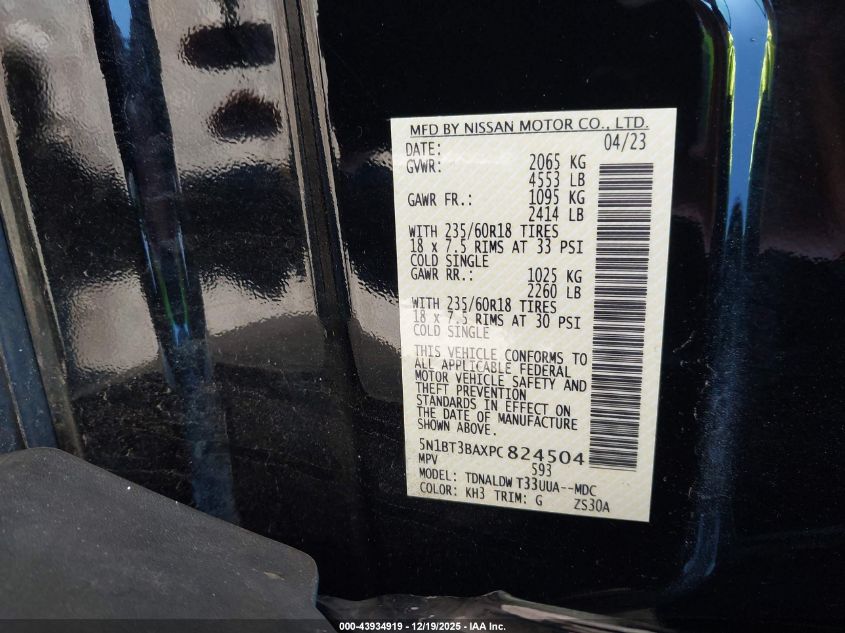 2023 Nissan Rogue Sv Fwd VIN: 5N1BT3BAXPC824504 Lot: 43934919