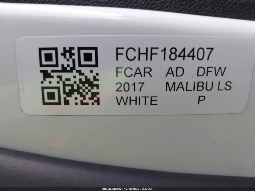 2017 Chevrolet Malibu Ls VIN: 1G1ZB5ST5HF184407 Lot: 43934922