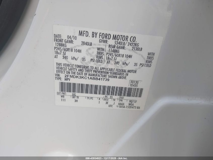 2010 Ford Edge Limited VIN: 2FMDK3KC1ABB41739 Lot: 43934923