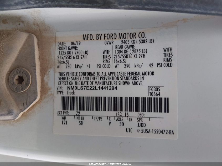 2020 Ford Transit Connect Xl VIN: NM0LS7E22L1441294 Lot: 43934927