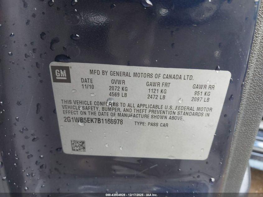 2011 Chevrolet Impala Lt VIN: 2G1WB5EK7B1166978 Lot: 43934928