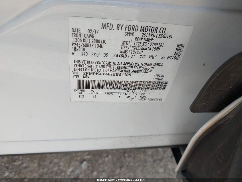 2017 Ford Edge Sel VIN: 2FMPK4J94HBB54195 Lot: 43934929