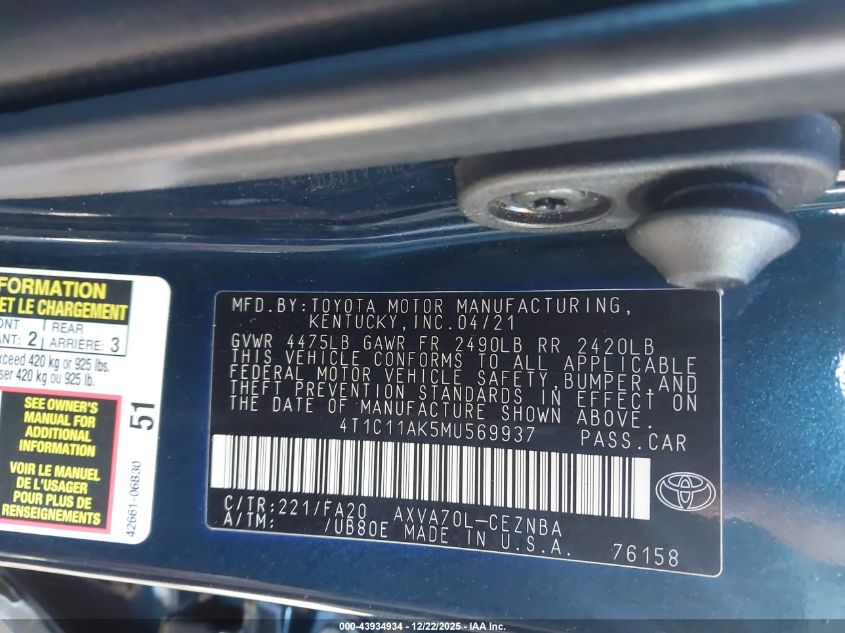 2021 Toyota Camry Le VIN: 4T1C11AK5MU569937 Lot: 43934934