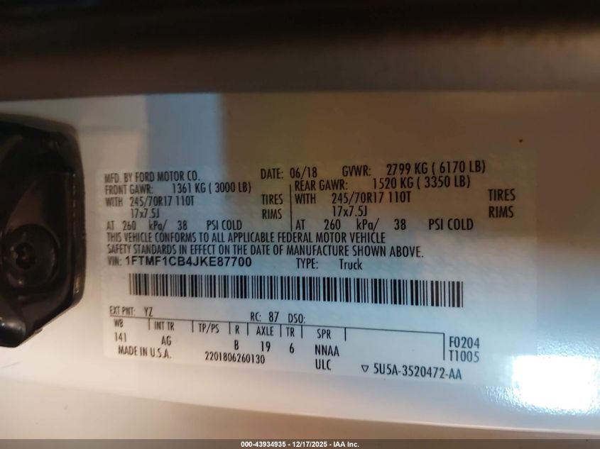 2018 Ford F-150 Xl VIN: 1FTMF1CB4JKE87700 Lot: 43934935