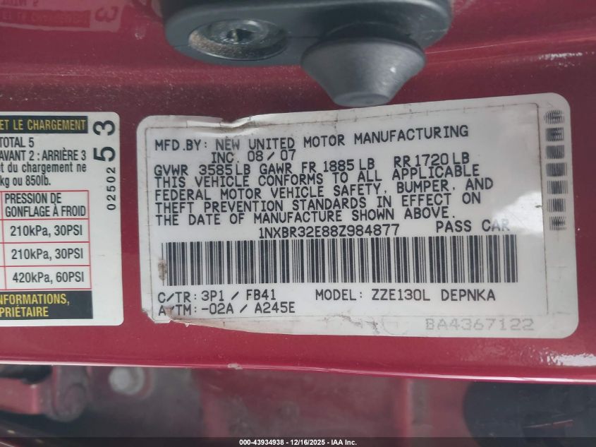 2008 Toyota Corolla Le VIN: 1NXBR32E88Z984877 Lot: 43934938