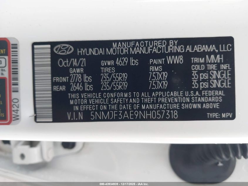 2022 Hyundai Tucson Sel VIN: 5NMJF3AE9NH057318 Lot: 43934939